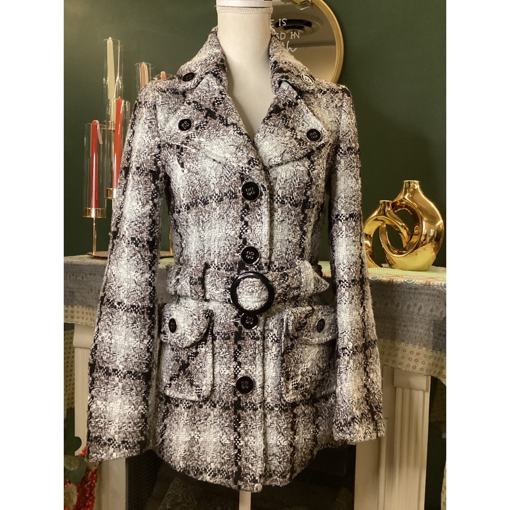 Maurices Womens Black White Brown‎ Plaid Belted Pea Coat Jacket Size S Small